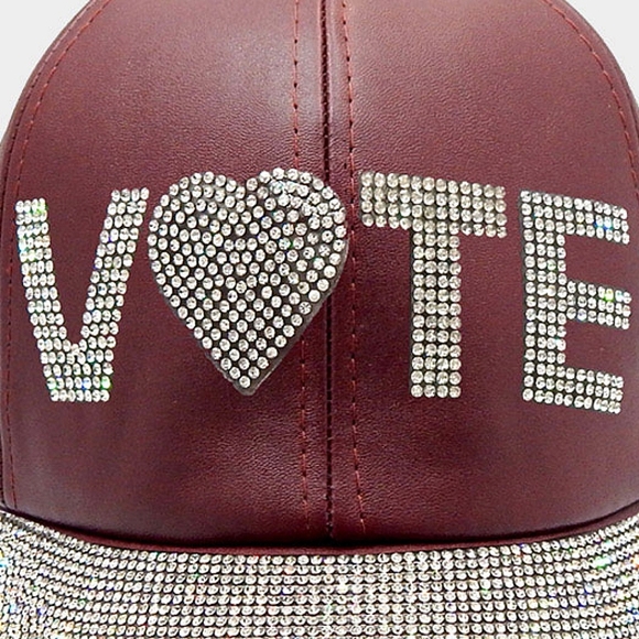 Burgundy Leather VOTE Rhinestone Crystal Brim Baseball Cap Statement Hat Bling - Picture 4 of 4